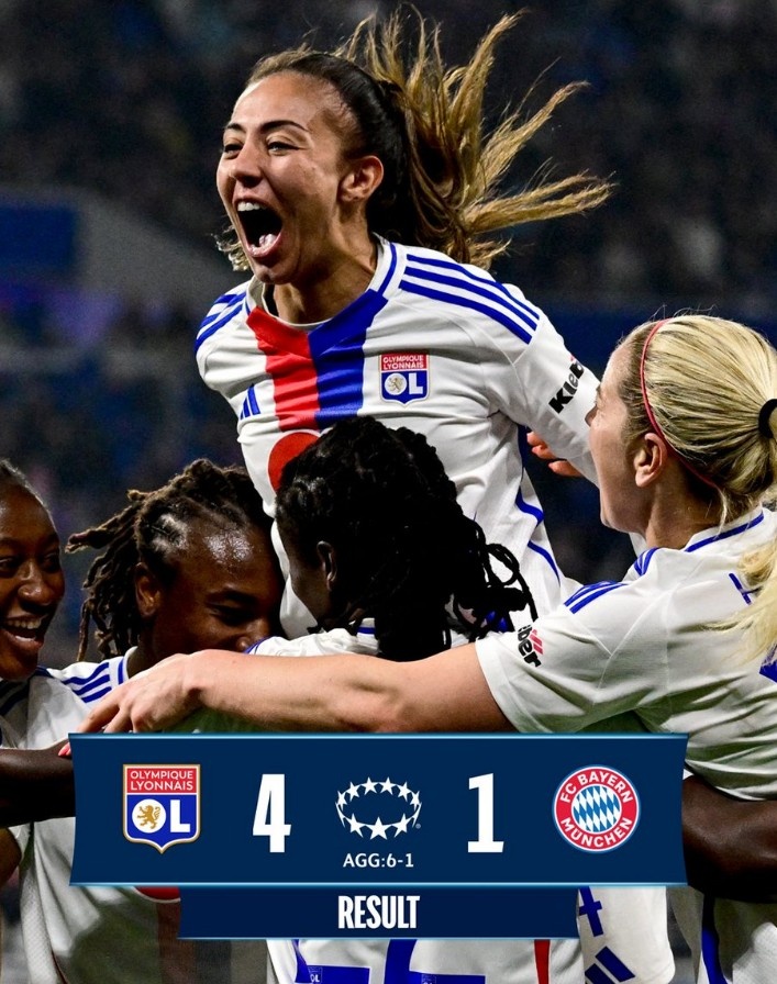 里昂女足4-1大勝拜仁女足，總比分6-1晉級女足歐冠半決賽